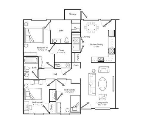 Floor plan for 3 beds, 2 baths, 1181 sqft